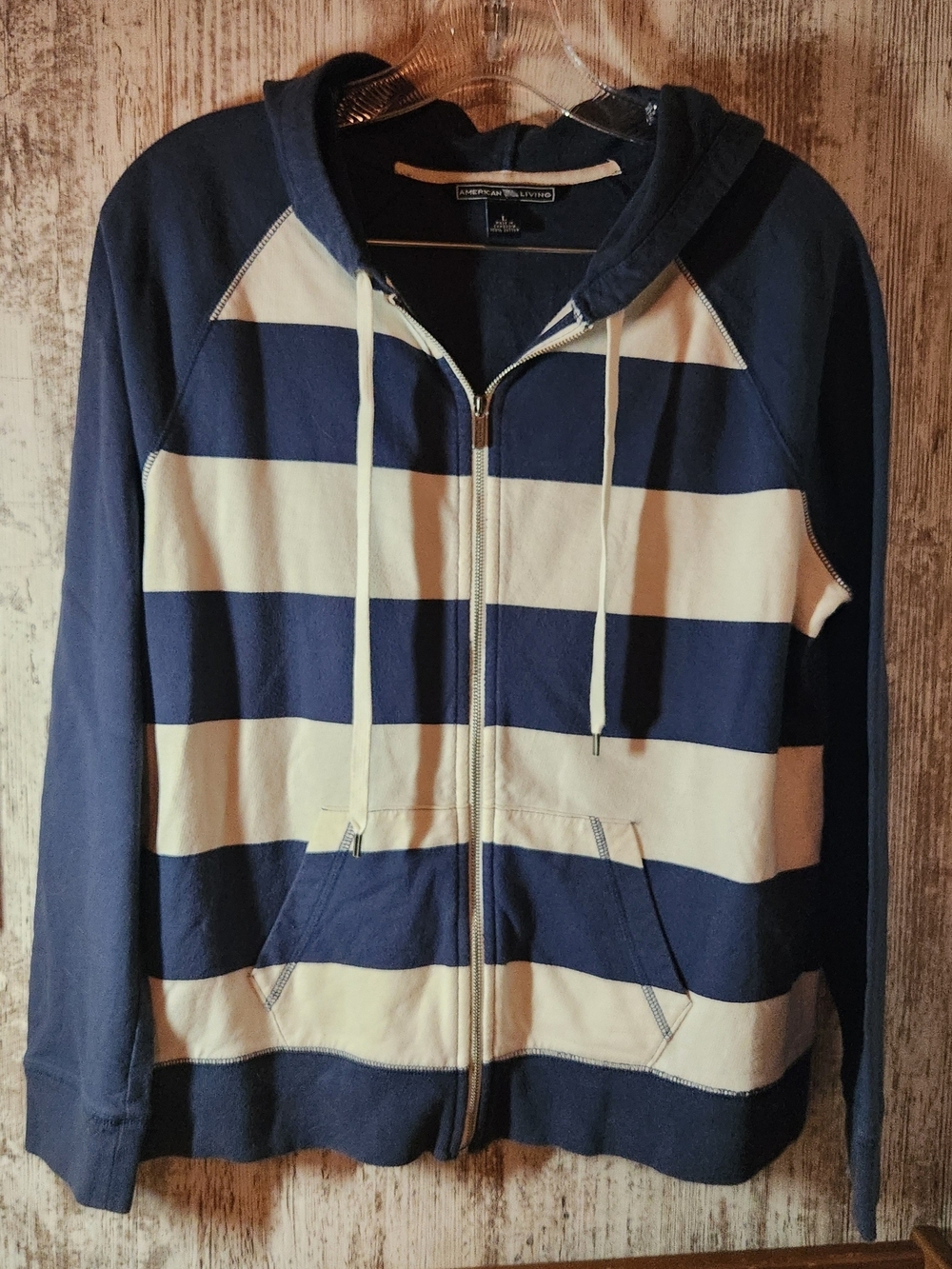 American Living Navy Blue and Off White Cream Striped Zip Hoodie Large Nautical